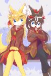  2girls animal_ears black_fur black_hair black_pants blonde_hair blue_eyes blush_stickers brown_jacket brown_shoes closed_mouth commentary_request crossed_arms day double-parted_bangs fang feet_out_of_frame fox_ears fox_girl furry furry_female hair_between_eyes hair_ribbon highres jacket long_hair long_sleeves multicolored_hair multiple_girls neckerchief on_bench open_mouth original outdoors pants po!_(popoemo) ponytail red_neckerchief red_ribbon ribbon shoes sitting smile streaked_hair white_streaks yellow_fur 