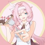  1girl :o ;o black_skirt blue_eyes breasts cake chinese_commentary chocolate_cake commentary_request elf elysia_(golden_courtyard)_(honkai_impact) elysia_(honkai_impact) feeding_viewer food fork hairband highres holding holding_fork holding_plate honkai_(series) honkai_impact_3rd konghai_umi large_breasts long_hair looking_at_viewer official_alternate_costume one_eye_closed pink_hair plate pointy_ears shirt skirt solo two-tone_background very_long_hair white_hairband white_shirt 