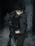  1girl absurdres ammunition_pouch assault_rifle black_gloves body_armor bulletproof_vest combat_helmet fast_helmet foregrip gloves gun gun_sling helmet highres hood hooded_jacket jacket kumah_dessu laser_sight load-bearing_vest magazine_(weapon) military_operator night_vision_device optical_sight original pouch red_eyes rifle ruins scar scar_on_cheek scar_on_face short_hair suppressor tactical_clothes weapon white_hair 