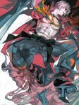  1boy abs black_gloves black_socks coat commentary_request dante_(devil_may_cry) devil_may_cry_(series) devil_may_cry_3 fingerless_gloves from_below geta gloves grin highres holding holding_sword holding_weapon rebellion_(sword) red_coat skeleton skull smile socks solo sword tabi teeth tengu-geta toned toned_male weapon white_background white_hair yue_(memento1113) 