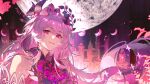  1girl absurdres bare_shoulders breasts castle chinese_commentary commentary_request crescent_moon cyrene_(demiurge)_(honkai:_star_rail) cyrene_(honkai:_star_rail) diamond-shaped_pupils diamond_(shape) dress full_moon highres honkai:_star_rail honkai_(series) irontomb long_hair looking_at_viewer medium_breasts moon purple_dress purple_eyes purple_hair smile solo symbol-shaped_pupils upper_body very_long_hair zhui_ming_jin_ge 