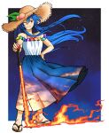  1girl absurdres adapted_costume blue_dress blue_hair bread_master commentary dress english_commentary flip-flops floating_hair full_body hat highres hinanawi_tenshi long_hair one_eye_closed peach_hat_ornament planted planted_sword red_eyes sandals sky sky_print solo standing star_(sky) starry_sky straw_hat sun_hat sword sword_of_hisou touhou two-tone_dress variant_set weapon white_dress 
