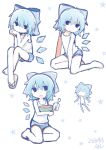  1girl alternate_costume azp_29 blue_bow blue_hair blue_shorts blush_stickers bow chinese_commentary cirno commentary_request dated detached_wings food fruit hair_bow highres holding holding_spoon ice ice_wings looking_at_viewer medium_hair open_mouth own_hands_clasped own_hands_together sandals shirt shorts signature single_sandal sitting sleeveless sleeveless_shirt spoon touhou watermelon white_shirt wings 