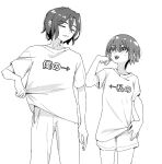  1boy 1girl amate_yuzuriha arrow_(symbol) blush breasts closed_eyes clothes_writing commentary couple gundam gundam_gquuuuuux hetero highres holding matching_outfits oitea_tya open_mouth pants shirt short_hair short_sleeves shorts shuji_ito simple_background smile teeth translation_request 