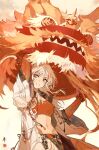  1girl arknights bandeau bead_bracelet beads bracelet colored_extremities dragon_horns highres holding holding_mask horns jacket jewelry lion_dance long_sleeves mask mei_ren midriff multicolored_hair navel nian_(arknights) open_clothes open_jacket purple_eyes red_eyes red_skirt skirt smile solo streaked_hair white_hair wide_sleeves 