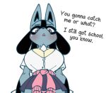  1girl animal_ears blue_fur blush body_fur furry gyaru highres kogal looking_at_viewer lucario mochichiart open_mouth pokemon pokemon_(creature) red_eyes school_uniform simple_background spikes standing yellow_fur 