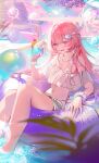  1girl absurdres alternate_costume bare_shoulders breasts bubble cleavage commentary cup cyrene_(demiurge)_(honkai:_star_rail) cyrene_(honkai:_star_rail) drinking_glass english_commentary flower hair_flower hair_ornament highres holding holding_cup honkai:_star_rail honkai_(series) innertube long_hair looking_at_viewer navel open_mouth pink_hair purple_eyes smile solo stomach swim_ring totomong whipped_cream 
