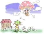  1girl aircraft chibi frederic_chopin fuju goat hat hot_air_balloon lowres mushroom top_hat trusty_bell viola_(trusty_bell) waving 
