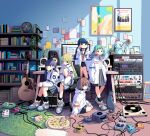  5girls absurdres acoustic_guitar ahoge album_cover amplifier aqua_hair black_skirt black_socks blonde_hair blue_eyes blue_hair blunt_bangs blush book bookshelf braid brown_eyes brown_hair cable can cat chair closed_mouth commentary_request computer controller cover flower food full_body game_console game_controller green_eyes green_hair grey_skirt guitar hair_ornament hairclip highres holding hood indoors instrument jacket long_hair long_sleeves looking_at_viewer microphone monitor multiple_girls nakamori_kemuri open_mouth phonograph pizza plant pleated_skirt poster_(object) potted_plant ribbon sayonara_ponytail shelf shirt shoes short_hair shorts sitting skirt smile sneakers socks speaker standing white_jacket 