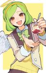  1girl :d angel angel_wings border bow bowtie brown_jacket collared_shirt commentary_request feeding_viewer food fork green_bow green_bowtie green_hair hairband halo highres holding holding_fork jacket leaning_to_the_side looking_at_viewer medium_hair open_clothes open_jacket open_mouth orange_eyes outside_border puyopuyo puyopuyo_quest roco_(puyopuyo) school_uniform shirt smile solo standing sweater traditional_halo upper_body urolo white_border white_shirt wings yellow_background yellow_hairband yellow_halo yellow_sweater 