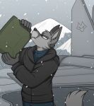 2026 5_fingers aircraft airplane angry anthro biped black_clothing black_eyebrows black_jacket black_nose black_topwear blue_bottomwear blue_clothing blue_pants blue_sweater blue_topwear bottomwear canid canine canister cheek_tuft clothed clothed_anthro clothed_male clothing coolant digital_drawing_(artwork) digital_media_(artwork) drinking evening eyebrows facial_tuft fingers fox fur furgonomic_bottomwear furgonomics gas_can gas_canister gasoline glacier grey_body grey_fur grey_inner_ear grey_inner_ear_fluff grey_markings grey_sky hachimakiyaki head_tuft holding_gas_canister holding_object humor inner_ear_fluff jacket jet looking_at_viewer male male_anthro mammal markings military_vehicle mountain multicolored_body narrowed_eyes nintendo outside pants portrait pose pupils red_fox shaded side_view silver_fox silver_markings sky slit_pupils snout snow snowfall solo standing star_fox swallowing sweater topwear true_fox tuft two_tone_body vehicle white_eyes white_sclera winter yakov_lisakovich
