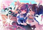  2girls animal_ears bead_necklace beads belt black_ribbon black_skirt blue_hair blush bow braid breasts brown_hair casual cherry_blossoms closed_mouth daiichi_ruby_(casual)_(umamusume) daiichi_ruby_(umamusume) daitaku_helios_(casual)_(umamusume) daitaku_helios_(umamusume) drill_hair drill_sidelocks ear_covers ear_flower facial_tattoo fang flower hair_bow hair_ornament highres horse_ears horse_girl horse_tail jewelry long_hair long_sleeves midriff mirinaechou multicolored_hair multiple_girls navel necklace on_bench one_eye_closed open_mouth orange_belt purple_eyes ribbon shirt shirt_under_shirt shorts side_ponytail sidelocks sitting skirt small_breasts smile star_(symbol) star_hair_ornament streaked_hair tail tattoo umamusume white_shirt 
