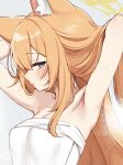  1girl adjusting_hair animal_ear_fluff animal_ears armpit_focus armpits arms_behind_head arms_up blue_archive blue_eyes blush breasts cat_ears cat_girl closed_mouth commentary hair_between_eyes hair_lift halo hands_in_own_hair highres long_hair looking_at_viewer mari_(blue_archive) naked_towel orange_hair presenting_own_armpit sasakichi_(ssk_chi) solo sweat towel untranslatable_commentary wet yellow_halo 