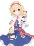  1girl absurdres alice_margatroid b3l_rinrin blonde_hair blue_dress blue_eyes capelet closed_mouth commentary_request doll dress frilled_dress frilled_hairband frills hairband highres holding holding_doll looking_at_viewer medium_hair red_hairband red_sash sash shanghai_doll simple_background smile solo touhou waist_sash white_background white_capelet 