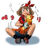  bandana bike_shorts blue_eyes brown_hair buizel gen_4_pokemon gloves haruka_(pokemon) hat highres kakkii latex pokemon pokemon_(creature) sitting translation_request 