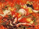  autumn black_hair book copyright_request frills glasses green_eyes japanese_clothes kimono leaf long_hair lying momiji_mao ribbon thighhighs 