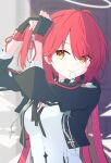  1girl angel_wings arknights black_gloves commentary_request duplicate exusiai_(arknights) exusiai_the_new_covenant_(arknights) fingerless_gloves gloves hair_between_eyes halo highres long_hair looking_at_viewer misagi33 pixel-perfect_duplicate red_hair solo traditional_halo wings yellow_eyes 