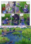 2026 5_fingers anthro bjekkergauken black_body black_fur black_tail clothed clothing colored comic day dialogue dialogue_box elephant elephantid english_text feral fingers fur grass grey_body hat headgear headwear hi_res humanoid imbali_(bjekkergauken) isilo_(bjekkergauken) mammal mythology outside plant proboscidean sky speech_bubble tail text unknown_species water