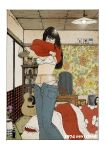  1girl absurdres black_hair blanket blue_pants bookshelf border bra breasts clothes_lift commentary_request couhaida curtains denim desk feet_out_of_frame floral_print flower frilled_pillow frills futon glasses guitar hanging_light highres indoors instrument jeans lifting_own_clothes long_hair long_sleeves looking_at_viewer medium_breasts original panties panties_under_pantyhose pants pantyhose partially_unbuttoned picture_frame pillow pink_flower pocket red_sweater see-through_clothes see-through_pantyhose solo standing stomach straight_hair stuffed_animal stuffed_toy sweater sweater_lift teddy_bear underwear undressing white_border white_bra white_panties 