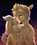  1girl backlighting bare_shoulders blonde_hair blush brother_and_sister eye_contact glowing glowing_eyes green_eyes hands holding_hands kagamine_len kagamine_rin kunieda looking_at_another ponytail short_hair siblings star twins vocaloid 