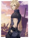  1boy 5tatsu armor artist_name belt black_belt black_gloves blonde_hair blue_eyes blue_pants blue_shirt border brown_belt closed_mouth cloud_strife commentary_request cowboy_shot earrings final_fantasy final_fantasy_vii final_fantasy_vii_remake gloves highres jewelry male_focus multiple_belts pants pauldrons planted planted_sword ribbed_shirt sharp_teeth shirt short_hair shoulder_armor single_earring single_pauldron sleeveless sleeveless_turtleneck solo standing suspenders sword teeth turtleneck weapon white_background white_border 