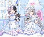  2girls :d :q ;q apron ascot black_hair blue_ascot blue_bow blue_bowtie blue_dress blue_eyes bow bowtie braid braided_bangs center_frills commentary_request cone_hair_bun double-parted_bangs double_bun dress earrings frilled_apron frilled_dress frilled_shirt_collar frilled_wrist_cuffs frills full_body grey_hair hair_bun hair_ornament hair_ribbon hairclip highres holding hololive hololive_english hololive_indonesia indoors jewelry juliet_sleeves long_hair long_sleeves looking_at_viewer maid maid_apron maid_headdress multicolored_hair multiple_girls nyakuza_(shiori_novella) official_art one_eye_closed open_mouth puffy_short_sleeves puffy_sleeves purple_eyes ribbon shano_hiyori shiori_novella short_dress short_sleeves sidelocks sitting smile split-color_hair striped_clothes striped_thighhighs thighhighs tongue tongue_out two_side_up very_long_hair vestia_zeta virtual_youtuber white_apron wrist_cuffs yellow_eyes zecretary_(vestia_zeta) 