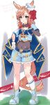  1girl animal_ears belt blue_belt blue_boots blue_eyes blue_neckerchief blue_shorts blush boots braid breasts brown_hair closed_mouth commentary covered_navel dixie_cup_hat ears_through_headwear gloves hair_between_eyes hat highres horse_ears horse_girl horse_tail kamaboko2 looking_at_viewer military_hat mini_hat neckerchief sailor_hat shirt shorts single_sock smile socks solo tail umamusume venus_paques_(umamusume) white_hat 