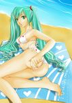  aqua_eyes aqua_hair ass bad_id bad_pixiv_id barefoot beach bikini day feet hatsune_miku long_hair lying side-tie_bikini solo swimsuit tamayura_(artist) twintails vocaloid 