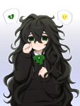  1girl black_hair black_hoodie bow bowtie broken_heart collared_shirt commentary crying crying_with_eyes_open curled_fingers degrees_of_lewdity dot_nose double-parted_bangs drawstring emoji gradient_background green_bow green_bowtie green_eyes hair_between_eyes hands_up heart highres hood hoodie kylar_(degrees_of_lewdity) kylar_(female)_(degrees_of_lewdity) langsan light_frown long_hair long_hair_between_eyes long_sleeves looking_at_viewer messy_hair raised_inner_eyebrows shirt simple_background solo straight-on tears upper_body very_long_hair white_hair wiping_tears 