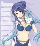  antenna_hair blue_hair breasts character_name cleavage gloves hair_bun hand_on_own_chest judith large_breasts long_hair looking_at_viewer midriff pointy_ears purple_hair red_eyes smile solo tales_of_(series) tales_of_vesperia unohana_tsukasa white_gloves 