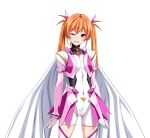  1girl blush bodysuit breasts brown_eyes cape clenched_teeth covered_navel cowboy_shot elbow_gloves game_asset gentle_sasaki gloves hair_ornament large_variant_set long_hair looking_at_viewer magical_girl non-web_source official_art one_eye_closed orange_eyes orange_hair prism_shine self-datamine shindou_hikari simple_background skin_tight small_breasts solo soukou_senki_prism_reica standing tachi-e teeth thighhighs transparent_background twintails variant_set white_cape wince 