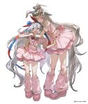  2girls absurdres ahoge animal_ears blue_eyes blue_hairband breasts closed_eyes closed_mouth clothing_cutout commentary_request cropped_shirt ear_covers ear_ornament fang full_body grey_hair grey_tail hair_between_eyes hair_ornament hairband headband highres horse_ears horse_girl horse_tail hug hug_from_behind layered_skirt long_hair meni_shuki_rush-sshu! midriff multicolored_hair multicolored_hairband multiple_girls nocco_saz oguri_cap_(umamusume) one_eye_closed open_mouth pink_shirt pink_shoes pink_skirt pink_socks red_headband shirt shoes shoulder_cutout simple_background skin_fang skirt small_breasts socks striped_clothes striped_hairband tail tamamo_cross_(umamusume) two-tone_hairband umamusume 