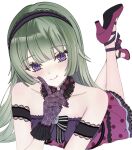  1girl :q again_and_again_ambition!_(project_sekai) alternate_costume bare_shoulders black_choker blush bow choker closed_mouth collarbone commentary cosplay dress feet_up floral_print flower frilled_choker frilled_gloves frills gloves green_hair high_heels hinomori_shizuku hinomori_shizuku_(cosplay) kusanagi_nene lace lace-trimmed_dress lace_choker lace_trim long_hair looking_at_viewer lying off-shoulder_dress off_shoulder official_alternate_hairstyle on_stomach pink_dress pink_shoes polka_dot polka_dot_dress project_sekai purple_eyes purple_gloves rea_0523 romeo_to_cinderella_(vocaloid) rose rose_print shoes simple_background smile solo tongue tongue_out untranslatable_commentary white_background white_flower white_rose 
