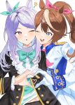  2girls animal_ears aqua_bow ascot black_jacket black_skirt blue_eyes blush bow bowtie brown_hair coat commentary_request ear_bow ear_ribbon epaulettes frilled_coat frilled_jacket frills gloves heart heart_hands heart_hands_duo highres horse_ears horse_girl jacket long_hair long_sleeves mejiro_mcqueen_(frontline_elegance)_(umamusume) mejiro_mcqueen_(umamusume) multicolored_hair multicolored_jacket multiple_girls one_eye_closed open_mouth pink_ascot ponytail ppingjjyu_(u3pri) purple_eyes purple_hair shirt single_epaulette skirt smile streaked_hair tokai_teio_(peak_joy)_(umamusume) tokai_teio_(umamusume) two-tone_jacket two-tone_skirt umamusume white_gloves white_jacket white_skirt white_streaks 