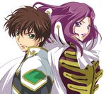  1girl brown_hair cape code_geass cornelia_li_britannia green_eyes kurimomo kururugi_suzaku purple_eyes purple_hair 