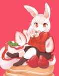  1girl :p absurdres black_skirt black_socks blush chinchilla_ears chinchilla_girl closed_mouth commentary_request fewer_digits food fruit full_body furry furry_female highres hood hood_down hoodie licking licking_finger long_sleeves looking_at_viewer medium_hair no_shoes original pancake pancake_stack pleated_skirt po!_(popoemo) red_background red_eyes red_hoodie simple_background sitting skirt socks solo strawberry tongue tongue_out white_fur white_hair 