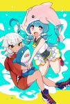  2girls :d bare_arms bare_shoulders black_one-piece_swimsuit black_sailor_collar blue_background blue_hair blue_shoes blunt_bangs bow bowtie closed_mouth commentary_request cropped_shirt dolphin double_horizontal_stripe fang full_body green_eyes highres holding holding_stuffed_toy hood hood_down hoodie letterboxed long_hair looking_at_viewer low_twintails multiple_girls one-piece_swimsuit open_mouth original outside_border pink_eyes po!_(popoemo) red_hoodie red_shoes sailor_collar school_uniform serafuku shirt shoes short_hair short_sleeves sleeveless sleeveless_shirt smile stuffed_animal stuffed_shark stuffed_toy swimsuit thick_eyebrows twintails white_hair white_shirt wide_sleeves yellow_bow yellow_bowtie 