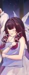  closed_eyes columbina_(genshin_impact) columbina_(the_final_gift)_(genshin_impact) commentary_request eye_mask frilled_nightgown genshin_impact hair_ornament head_wings highres holding holding_pillow long_hair mask multicolored_hair multiple_wings nightgown pajamas pillow purple_hair purple_streaks see-through_clothes see-through_mask sleepover sleepwear streaked_hair white_gown white_mask white_nightgown white_pajamas wing_hair_ornament wings wrist_bow yuno_kaihara 