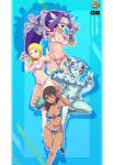  4girls :d absurdres alternate_costume arm_up armpits artist_logo ass_visible_through_thighs bare_shoulders barefoot bikini blonde_hair blue_background blue_bikini blue_gloves blue_helmet border borrowed_character braid breasts brown_hair butterfly_hair_ornament butterfly_wings cleavage closed_mouth collarbone colored_skin commentary commission covered_eyes curtained_hair d-scanner dark-skinned_female dark_skin dclaret digimon digimon_(creature) digimon_frontier digivice drop_shadow elbow_gloves english_commentary facial_mark fairimon fang fins full_body gloves green_eyes green_skin grey_gloves hair_between_eyes hair_ornament hair_over_shoulder head-mounted_display head_fins helmet highres holding insect_wings large_breasts logo long_hair looking_at_viewer multiple_girls navel one_eye_closed open_mouth original orimoto_izumi outstretched_arm patreon_username purple_bikini purple_hair purple_nails ranamon red_eyes shadow sidelocks skindentation smile standing standing_on_one_leg stomach swept_bangs swimsuit teeth twitter_username v white_bikini white_border wings 