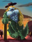 2026 abs anthro armpit_hair big_muscles body_hair candy chest_tuft clothing colored cowboy_hat cowboy_hat_only crocodile crocodilian desert dessert digital_drawing_(artwork) digital_media_(artwork) dorsal_ridge food food_creature glitch_productions green_body gummigoo_(tadc) gummy_(food) gummy_creature hat hay hay_in_mouth headgear headwear hi_res lidded_eyes living_candy male mostly_nude multicolored_body muscular muscular_anthro muscular_male nipples pecs reptile scalie shaded smile smiling_at_viewer solo sunset tail the_amazing_digital_circus tuft white_body wuffyfluffy yellow_body