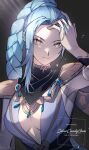  1girl absurdres adjusting_hair asymmetrical_bangs blue_hair braid braided_ponytail breasts brown_eyes closed_mouth commentary_request expressionless facing_viewer fire_emblem fire_emblem:_fortune's_weave highres long_hair long_sleeves looking_at_viewer medium_breasts mole mole_under_mouth ponytail silvercandy_gum solo upper_body ursula_(fire_emblem:_fortune's_weave) 