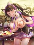  1girl :p animal_ear_hairband animal_ears between_breasts black_bodice black_cape blush breasts breasts_out cape cat_ears checkered_cape checkered_clothes clothes_between_breasts coffee_table collared_shirt commentary_request cover cover_page deep_skin fake_animal_ears food framed_breasts grabbing_own_breast green_eyes hairband heart-shaped_boob_challenge highres huge_breasts indoors kitiroku lolita_hairband long_hair looking_at_viewer magazine_cover maid_headdress miniskirt multicolored_hair necktie necktie_between_breasts nipples no_bra open_clothes open_shirt original pancake pancake_stack people pink_cape pink_headdress pink_streaks pleated_skirt purple_cape purple_necktie purple_skirt raised_eyebrows shiny_skin shirt sidelocks skirt sleeveless sleeveless_shirt solo streaked_hair table tongue tongue_out twintails two-sided_cape two-sided_fabric white_shirt 