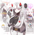  1girl ? android anger_vein animification artist_name breasts breasts_apart commentary_request corruption defeat domaguri health_pack highres horns jacket korean_commentary large_breasts long_hair mind_break mind_control multiple_views omnic overwatch patterned_hair red_eyes red_horns robot_girl robot_hair shion_(overwatch) suit tongue tongue_out white_hair white_jacket white_suit wide_hips 