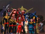  1980s_(style) 1girl 6+boys acguy army bazooka_(gundam) black_tri-stars blonde_hair char_aznable clamp_(gundam) closed_mouth combat_helmet commentary_request crowley_hamon dokite_tsukasa dom_(mobile_suit) facial_hair gaia_(gundam) game_asset gloves gouf gundam gundam_gihren_no_yabou helmet m'quve mash_(gundam) mecha military_uniform mobile_suit mobile_suit_gundam multiple_boys mustache official_art one-eyed_mecha ortega_(gundam) pink_eyes production_art ramba_ral retro_artstyle robot science_fiction short_hair smile soldier zaku_ii zaku_ii_s_char_custom zeon 