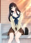  1girl arms_between_legs bag bench black_hair blue_neckerchief brown_skirt commentary_request feet_out_of_frame grey_sweater hibike!_euphonium kitauji_high_school_uniform kxltl long_hair long_sleeves looking_at_viewer miniskirt neckerchief on_bench parted_lips pleated_skirt sailor_collar school_bag school_uniform serafuku sitting skirt solo sweater white_sailor_collar winter_uniform wooden_bench yoshii_sari 