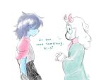 2_horns 4:3 ambiguous_gender anthro armor blue_body blue_skin bovid caprine clothed clothing criiitter darkner deltarune dialogue duo eyewear fangs floppy_ears fur glasses goat hair hi_res horn human kris_dreemurr lightner mammal ralsei red_horn scarf sketch speech_bubble teeth undertale_(series) white_body white_fur