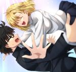  1boy 1girl ahoge antenna_hair arcueid_brunestud arms_at_sides black_eyes black_hair black_pantyhose blonde_hair blue_jacket blue_skirt blush buttons closed_eyes commentary_request falling floating_clothes floating_hair gakuran hair_between_eyes highres jacket looking_at_another miniskirt open_hands open_mouth pantyhose plaid_clothes plaid_skirt school_uniform shirt short_hair single_hair_intake skirt smile souya_high_school_uniform sweat sweater teeth tohno_shiki tsukihime tsukihime_(remake) turtleneck turtleneck_sweater upper_teeth_only vent_vert_(kuuya) white_shirt white_sweater wing_collar 