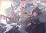  2girls aiguillette arcaea architecture arm_cutout artist_name ascot beret bib_collar black_bow black_bowtie black_capelet black_dress black_hair blue_bow blue_eyes blue_flower blue_rose bow bow_flower bowtie capelet carnation castle clothing_cutout cloud collar commentary dated dress dress_bow flower frilled_collar frilled_dress frilled_sleeves frills gem_hat_ornament grey_eyes hair_flower hair_ornament hair_ribbon hat hat_ribbon highres hikari_(arcaea) hikari_(fracture)_(arcaea) horizon layered_dress long_hair long_sleeves looking_at_viewer multiple_girls ocean perfecnotnot pink_ascot pink_carnation pink_flower pleated_capelet red_bow red_bowtie red_hat ribbon rose signature sky tairitsu_(arcaea) tairitsu_(grievous_lady)_(arcaea) twitter_username two-tone_bow white_dress white_hair 