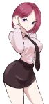  1girl absurdres adjusting_hair arm_behind_back black_necktie black_skirt breasts closed_mouth commentary_request feet_out_of_frame formal_clothes hand_in_own_hair highres long_sleeves looking_at_viewer medium_breasts medium_hair necktie office_lady original pink_shirt purple_eyes red_hair roki_2023 shirt simple_background skirt smile solo standing white_background 