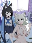  2girls :d :p animal_ear_fluff animal_ears annoyed bent_over black_choker black_eyes black_hair black_skirt blue_archive blue_halo blue_haori blue_neckerchief blue_sailor_collar bow bow_choker breasts cat_ears cat_girl cat_tail choker cigarette cleavage clenched_teeth collarbone commentary convenient_censoring covered_nipples creammilk_tea crossed_arms crossover earrings grey_hair groin hair_between_eyes halo haori haori_on_shoulders highres holding holding_cigarette indoors japanese_clothes jewelry kikyou_(blue_archive) kneehighs long_sleeves looking_at_another medium_breasts medium_hair multicolored_halo multiple_girls neckerchief nekomata nude pleated_skirt sailor_collar satou_yaniko school_uniform serafuku sidelocks skirt smile smoke smoking socks standing sunlight tail teeth tile_floor tiles tongue tongue_out towel towel_around_neck two-tone_halo white_halo white_serafuku white_socks window yani_neko 